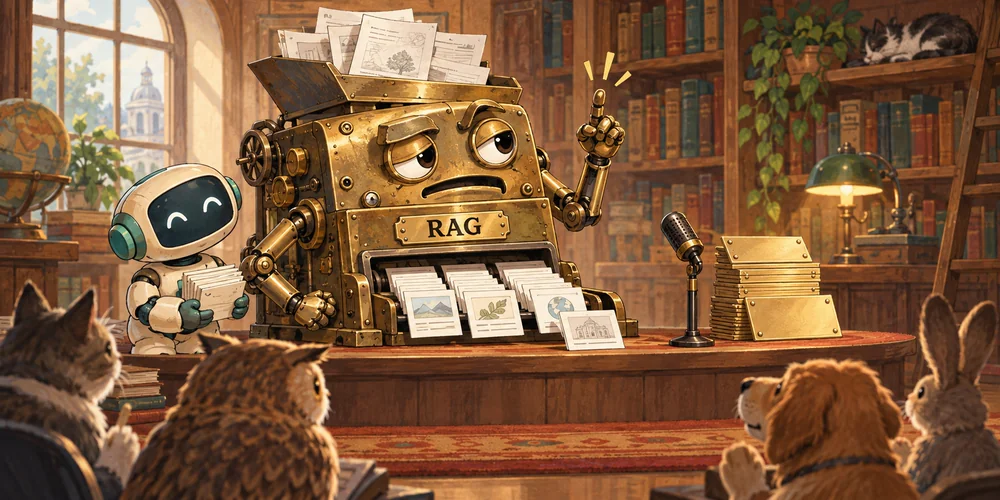 A still-running RAG retrieval machine raising a hand to deny the rumor, with a swappable nameplate sitting beside it