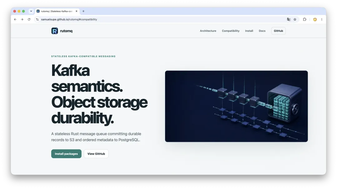 rutomq website showing its Kafka protocol and object-storage architecture