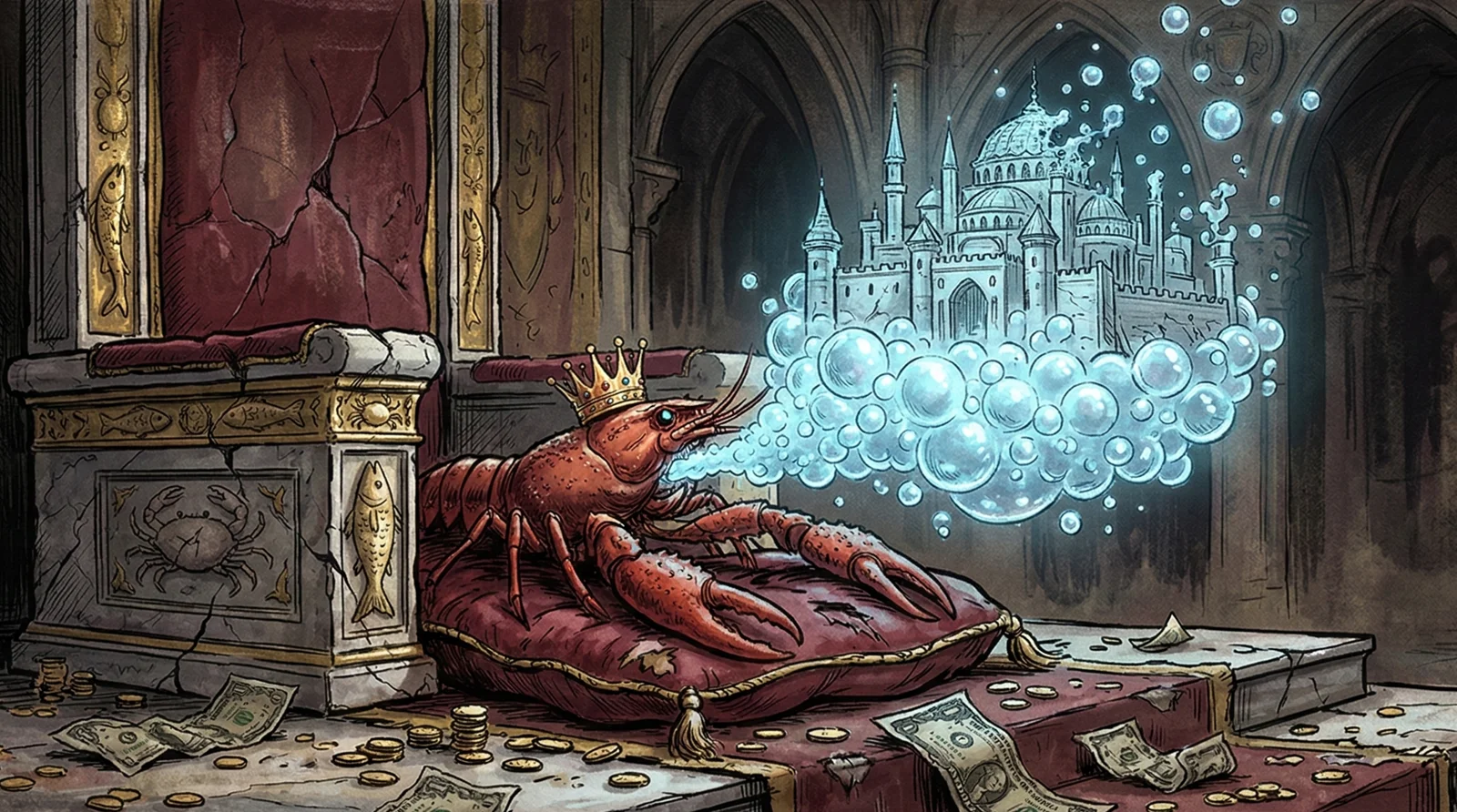 小龙虾国王吹起泡泡宫殿，象征围绕 OpenClaw 的炒作热潮