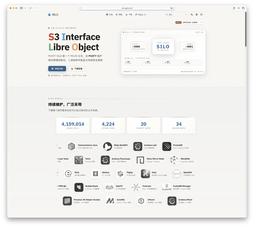 Silo 官网展示下载量、GitHub Star 和安全修复等项目数据
