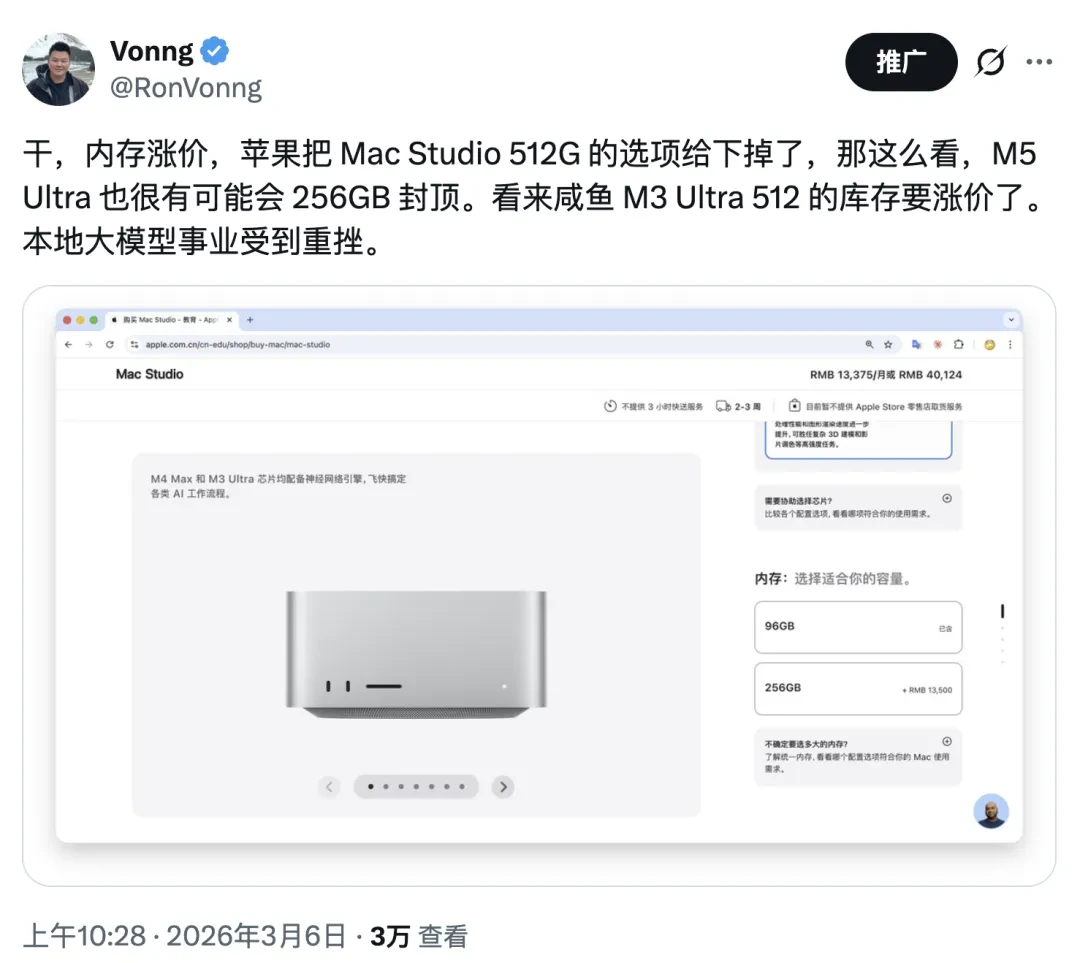 停产后 512 GB M3 Ultra Mac Studio 的渠道报价