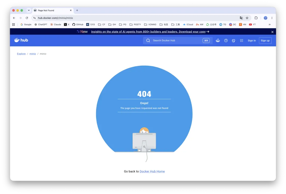 Docker Hub 上的 minio/minio 仓库页面返回 404
