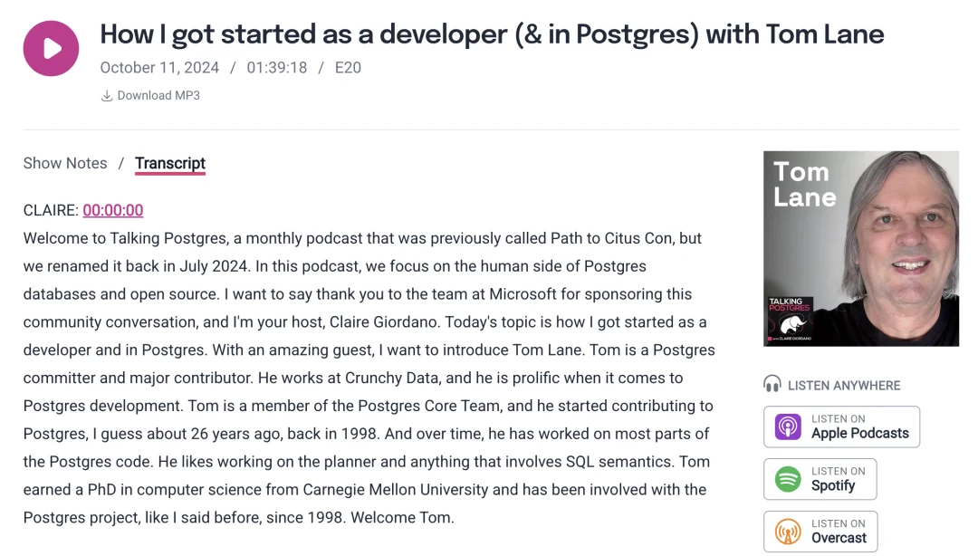Tom Lane 在 Talking Postgres 播客中的访谈