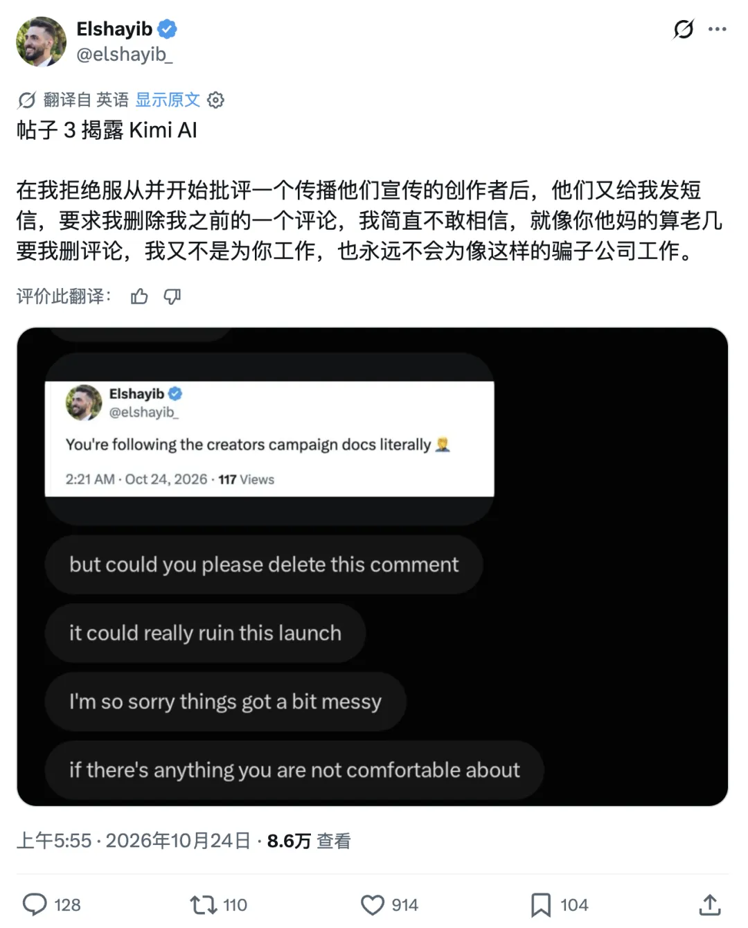 Elshayib 发布的私信截图：对方要求删除批评宣发文案的评论