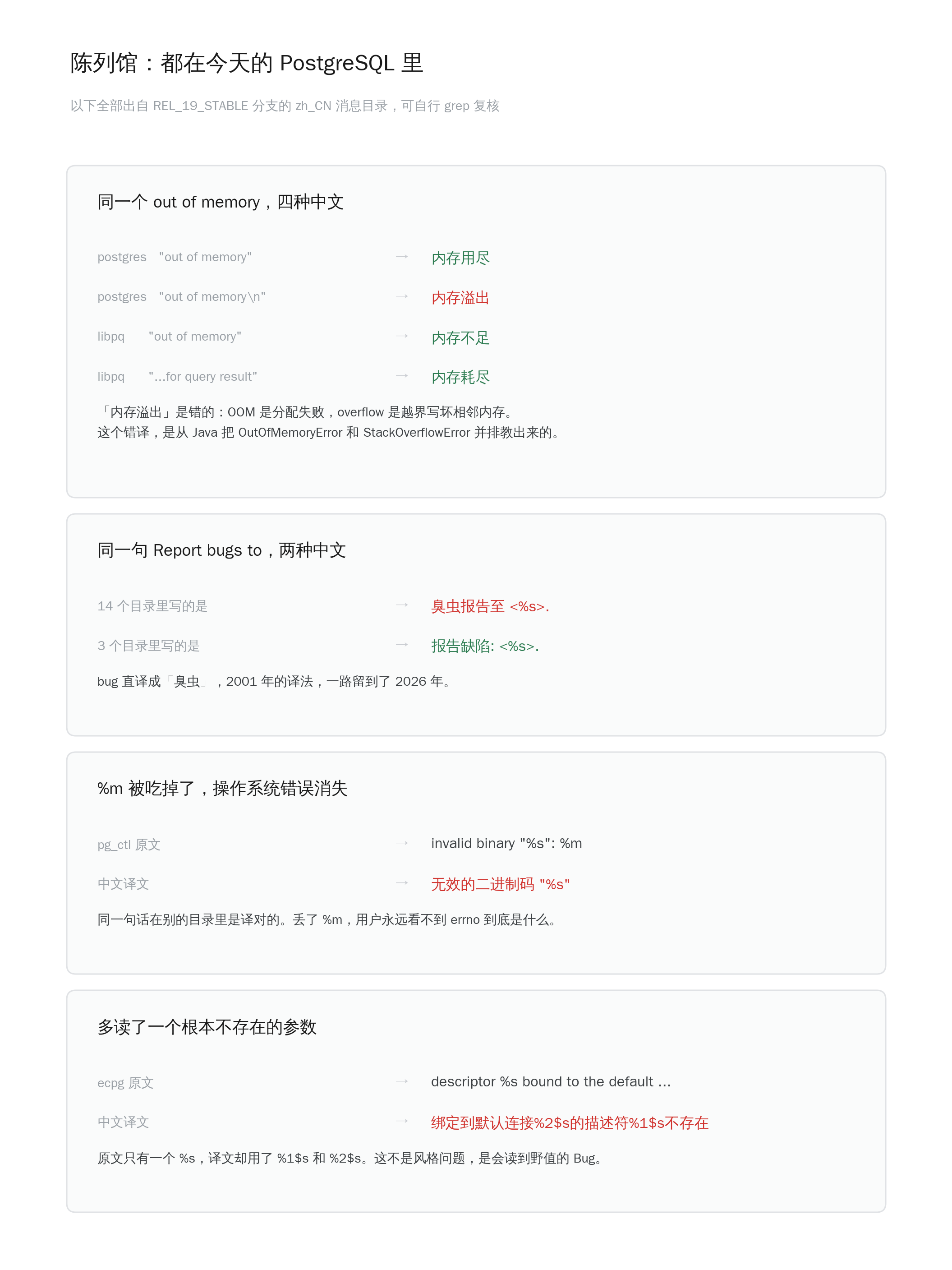 错译陈列馆:out of memory 四种译法、「臭虫报告至」、pg_ctl 丢失 %m、ecpg 参数失配