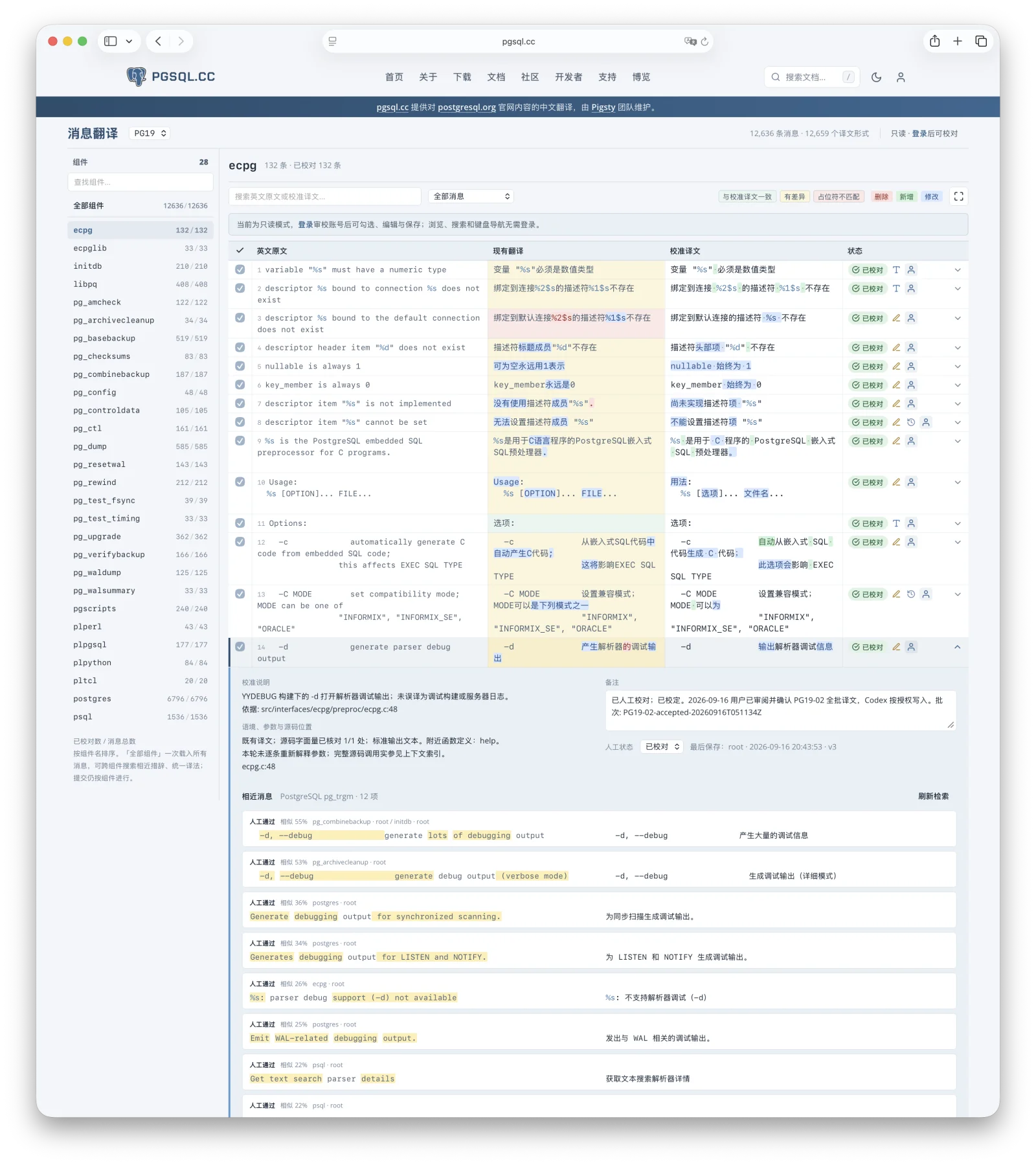The pgsql.cc/nls review workbench, showing msgid and msgstr side by side