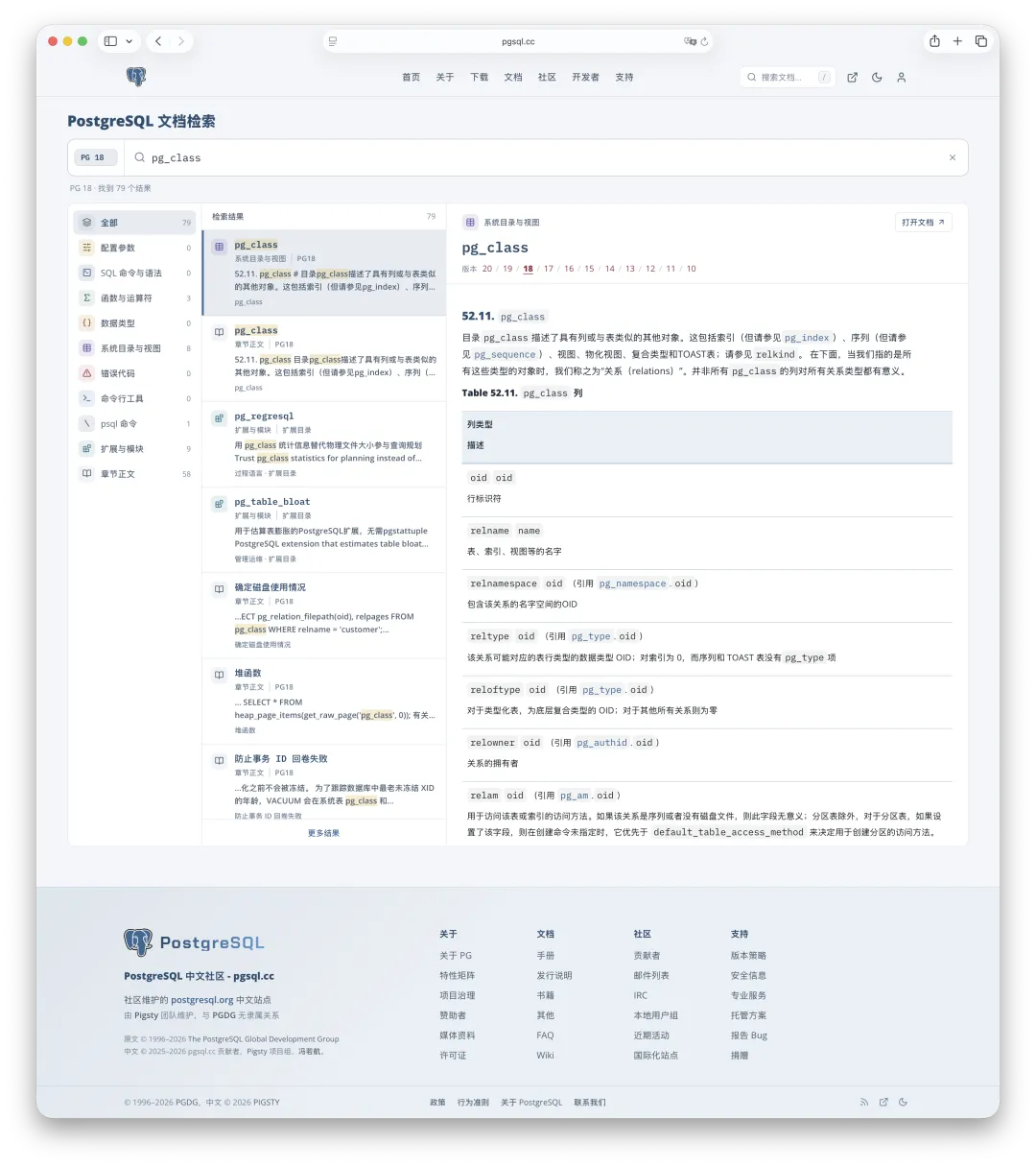PostgreSQL 中文文档检索结果与文档预览